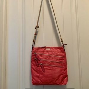 NWT Franco Sarto Hot Pink Rainbow Striped Strap Crossbody Bag Purse + Umbrella